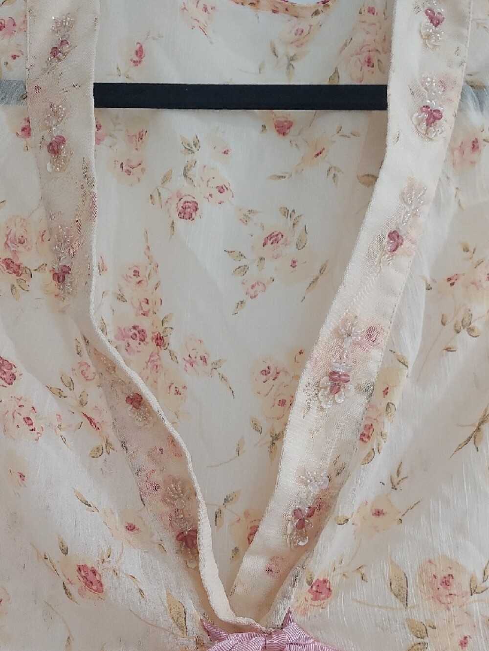 Women's Sheer Floral Tie-Front Blouse - Cream with Pink Floral - Picture 4 of 10